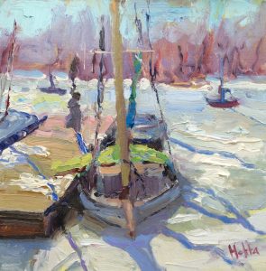 Boats on Icy River 12x12